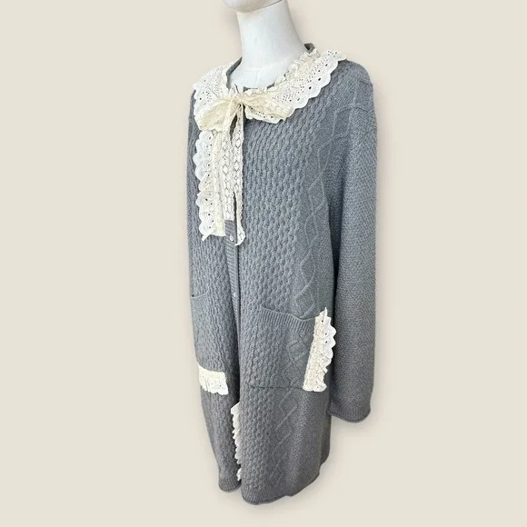 POL‎ NWOT SZ LGE Gray Cable Knit Lace Collar heavy Long Cardigan Sweater Dress - Picture 5 of 13